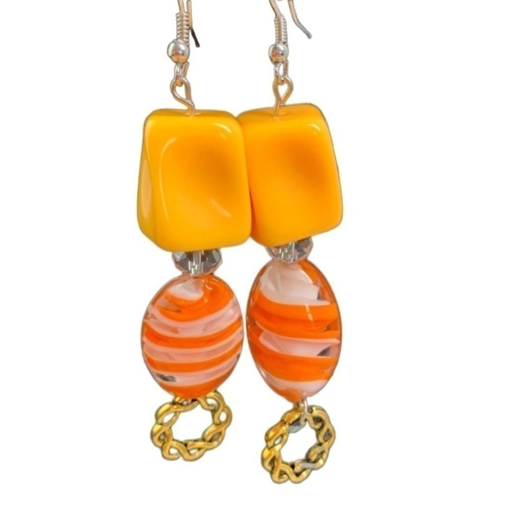 Art Glass Sterling Beaded Drop Earrings - Yellow/Orange/Gold, AZ, 3”